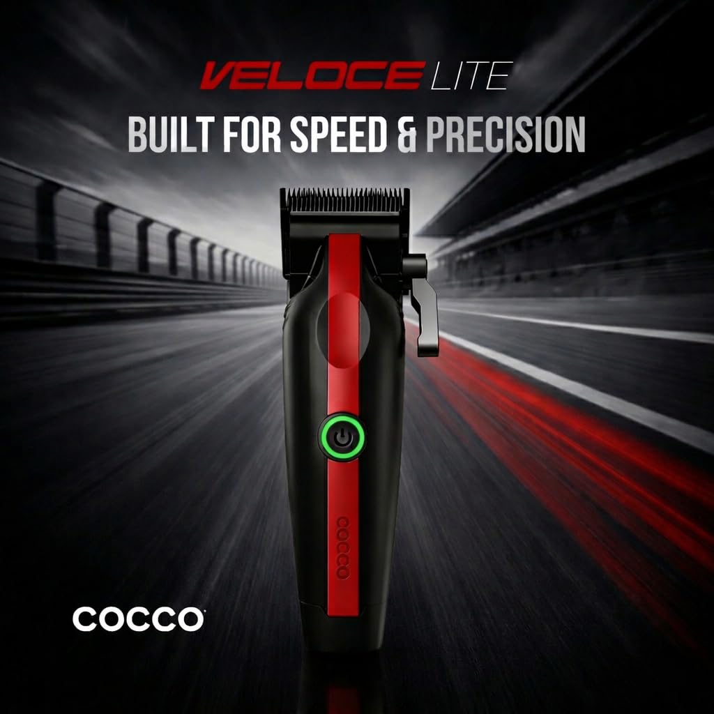 Cocco Veloce Lite Professional Hair Clipper for Barbers – Digital Gap™ Precision Fade F1 Blade, 7000 RPM Cordless Clippers, USB-C Fast Charge, 3 Hour Runtime, Hair Clippers for Men (Red & Black)