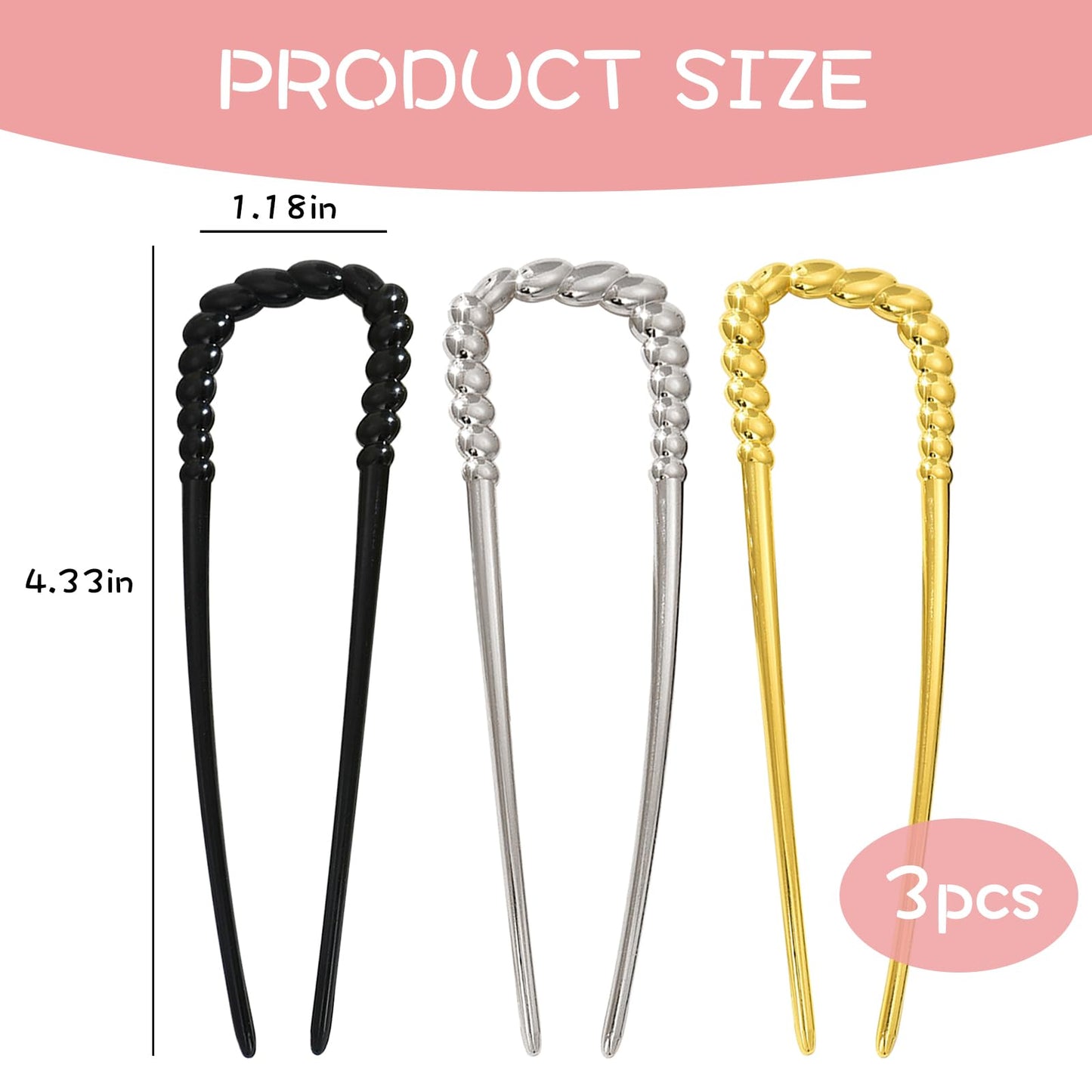 3pcs Metal French Hair Pins,U-Shaped Long Chignon 2 Prong Sticks for Buns, French Twist Hair Pin, Hair Sticks, Hair Fork