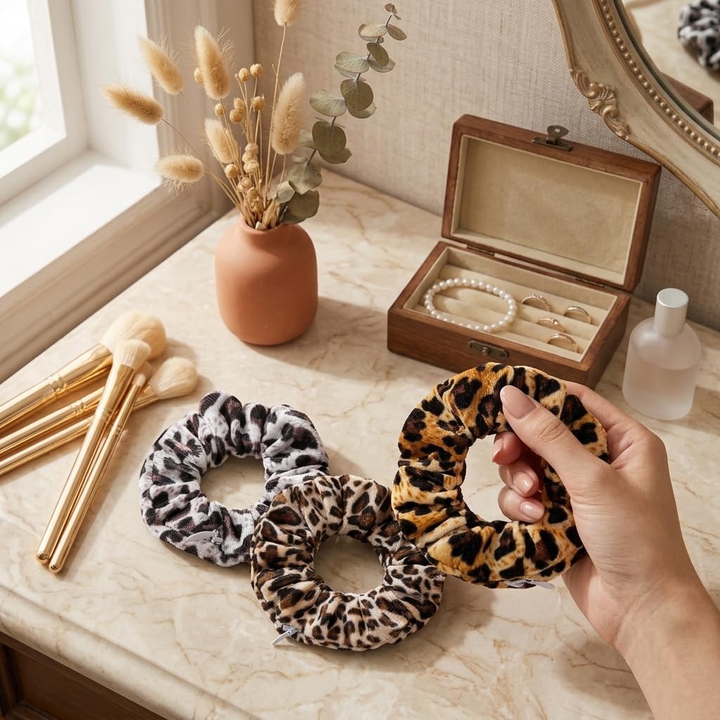 Boho Chic Leopard Print Hair Scrunchies - Soft Elastic Ponytail Holders Set | 3 Pieces