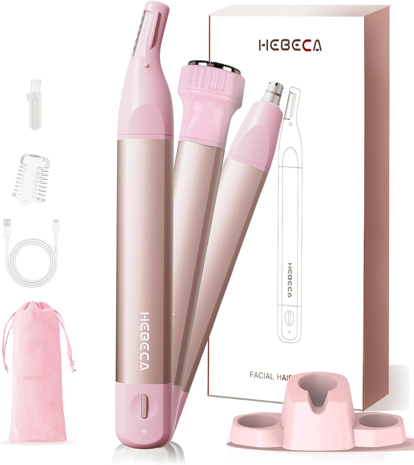 Nose Hair Trimmer for Women - 3-in-1 Facial Hair Removal | Rechargeable, Waterproof, Portable - Pink