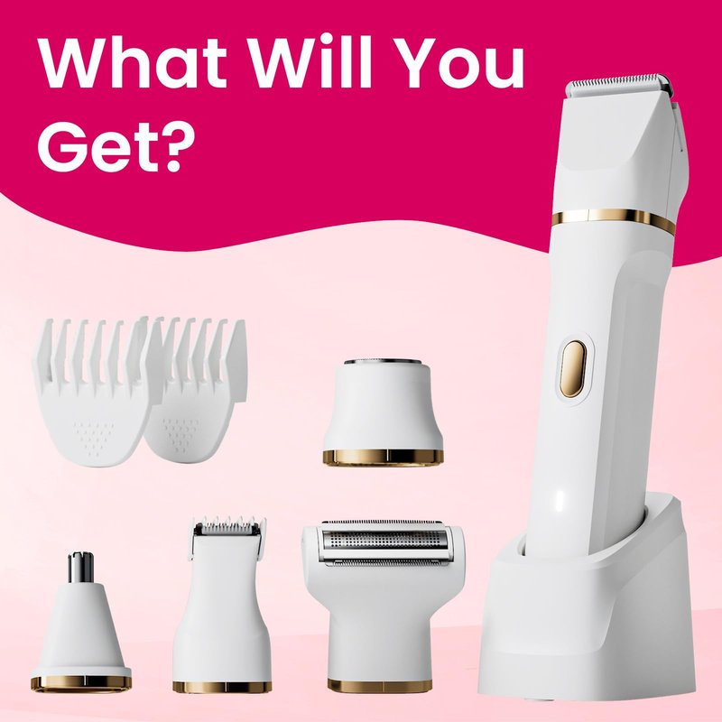 Electric Razors for Women, 5-in-1 Wet/Dry Bikini Trimmer with USB Charge Dock, Deluxe Facial Hair Removal, Wet/Dry Body Shaver for Nose Eyebrows Beard Underarm Leg Arm, IPX7 Waterproof (White)