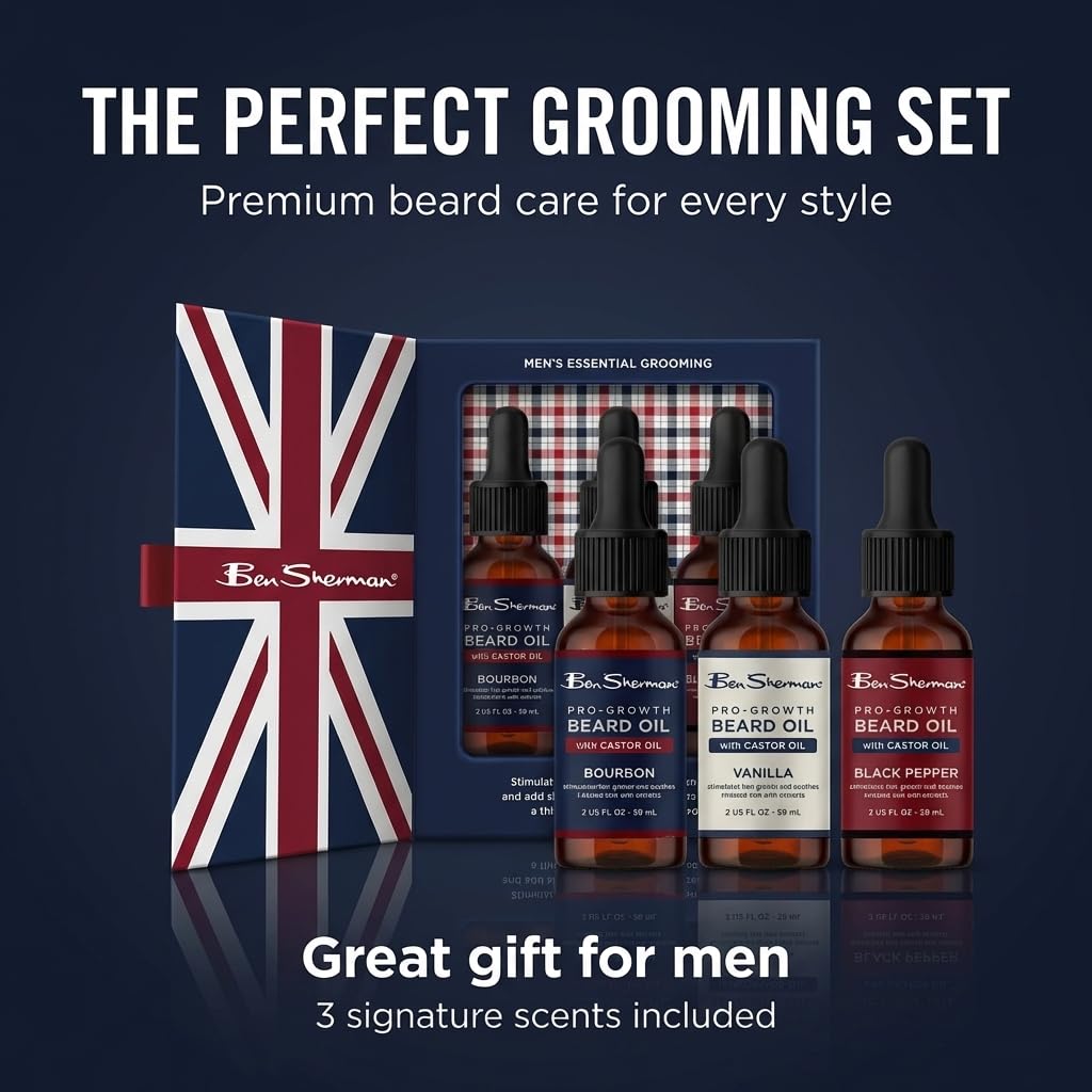 Ben Sherman Beard Oil for Men 3 Pack – Castor Oil Beard Care Set for Growth – Bourbon, Vanilla & Black Pepper – Mens Beard & Mustache Conditioning Treatment