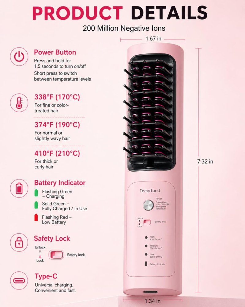 Cordless Hair Straightener Brush, Portable Straightener with Ionic Hair Brush Care, Fast Heated Styling, 3 Heat Levels, and Anti-Scald Care for Travel, Office, and Hotel, Gift for Women, Mirage Pink