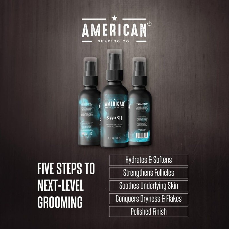 American Shaving Co. Swash Beard Oil for Men | Made With Jojoba Oil | Lightweight, Non-Greasy Beard Conditioner & Softener | Natural Oil for Thicker Beard | Beard care products for men | Made in USA