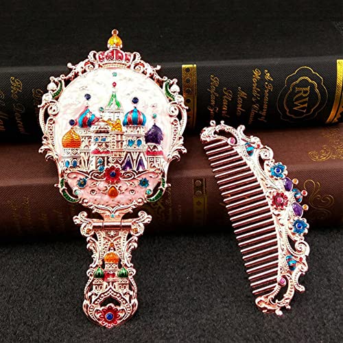 Vintage Handheld Makeup Mirror and Comb Set - Embossed Metal Vanity Gift