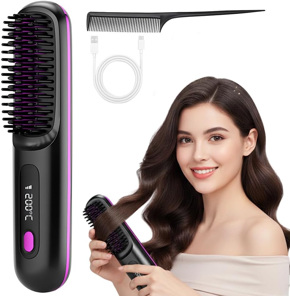 Cordless Straightening Brush for Short Hair - 2026 Upgraded Ionic & Ceramic Care, 3 Heat Settings | USB-C Rechargeable (White)