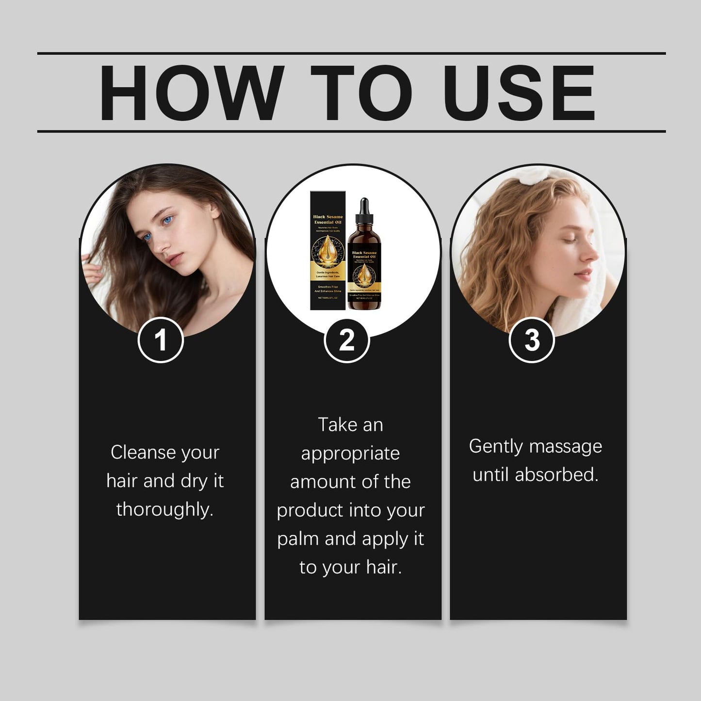 Black Sesame Hair Growth Oil, Volumizing and Moisturizing, Deep Nourishing Treatment for Dry Damaged Hair, Fuller Hair, Reduces Hair Loss & Breakage, All-Natural Formula, 2 fl oz