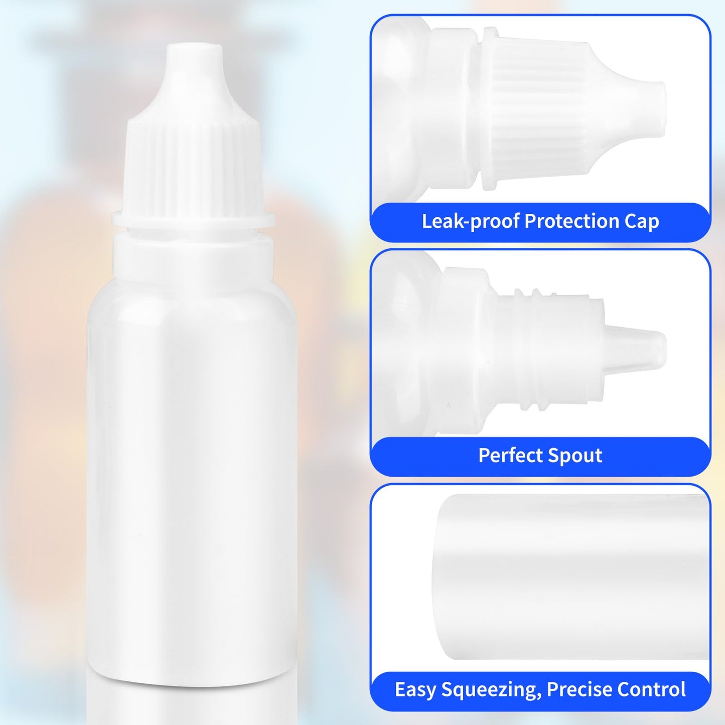5 PCS (4 Bottles + 1 Funnel) 15ml (0.5oz) Small Plastic Dropper Bottles - Empty, White Eye Liquid Dropper Bottles, Squeezable & Portable Travel Containers for Eye Drops, Refillable with Cap and Plug
