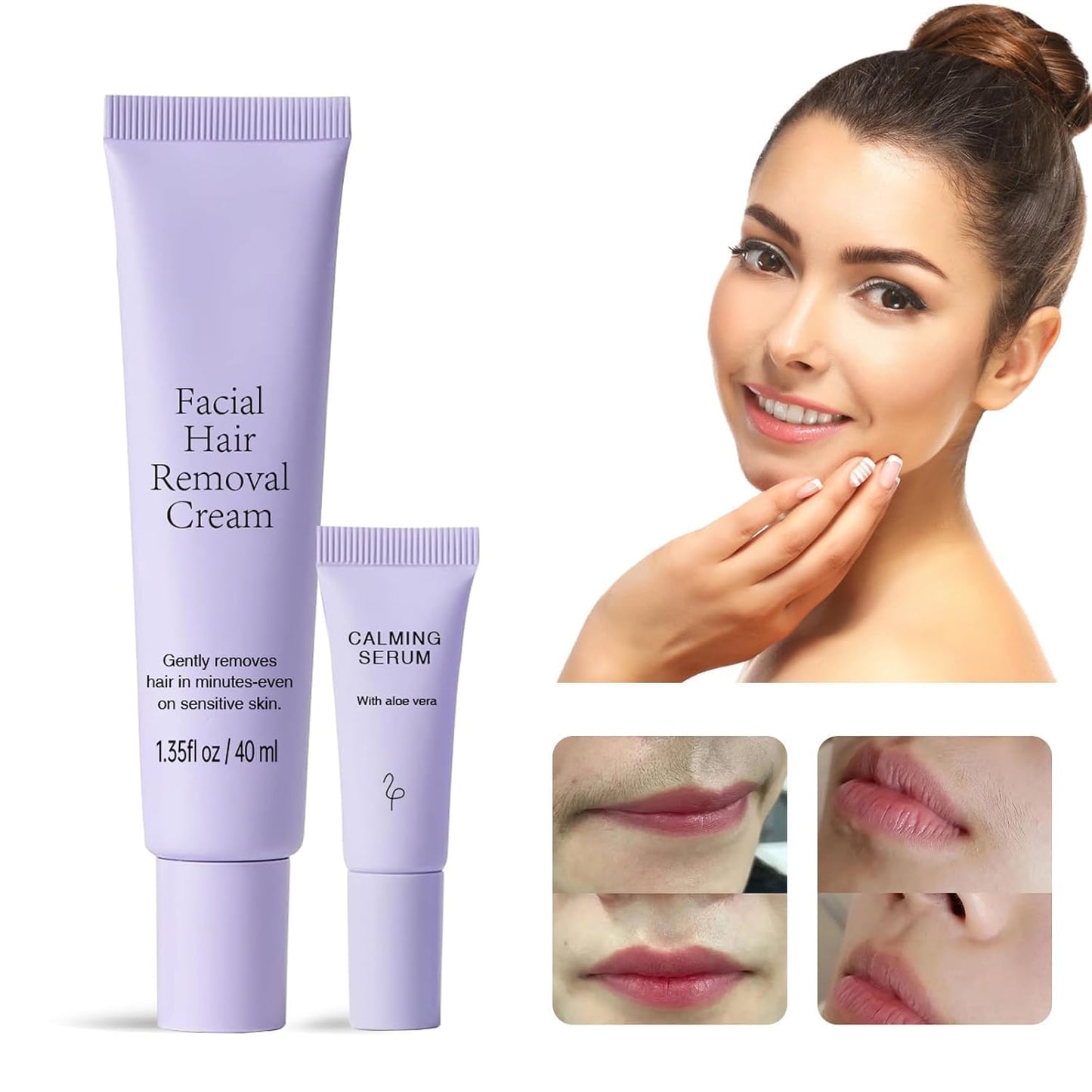 Facial Hair Removal Cream for Women – Painless 2-in-1 Depilatory Kit for Sensitive Skin, Upper Lip & Chin Hair Remover, Quick 4 Min Plant-Powered Formula with Soothing Cream, 1.52 Fl Oz