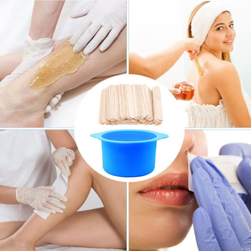 2-pack Silicone Wax Warmer Liner, Silicone Wax Bowl for Wax Warmer, Non-Stick Wax Melt Warmer Wax Pot Replacement, Reusable Wax Melt Liner with 50 Pcs Wax Spatula Sticks for Hair Removal(Blue)