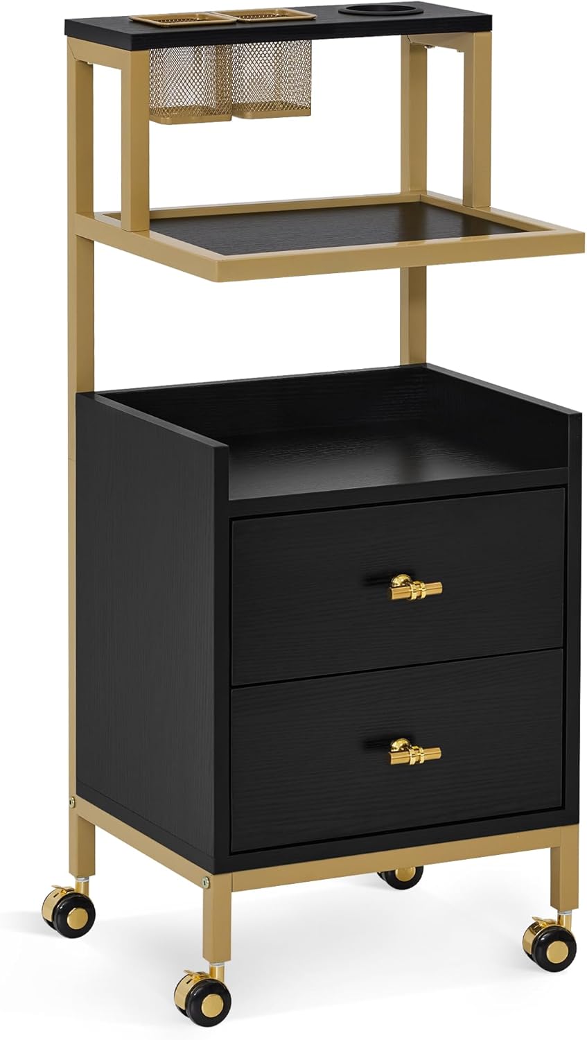 Rolling Salon Cart for Hair Stylists - Barber Trolley with Metal Tool Holder & Storage Drawers | Large Black