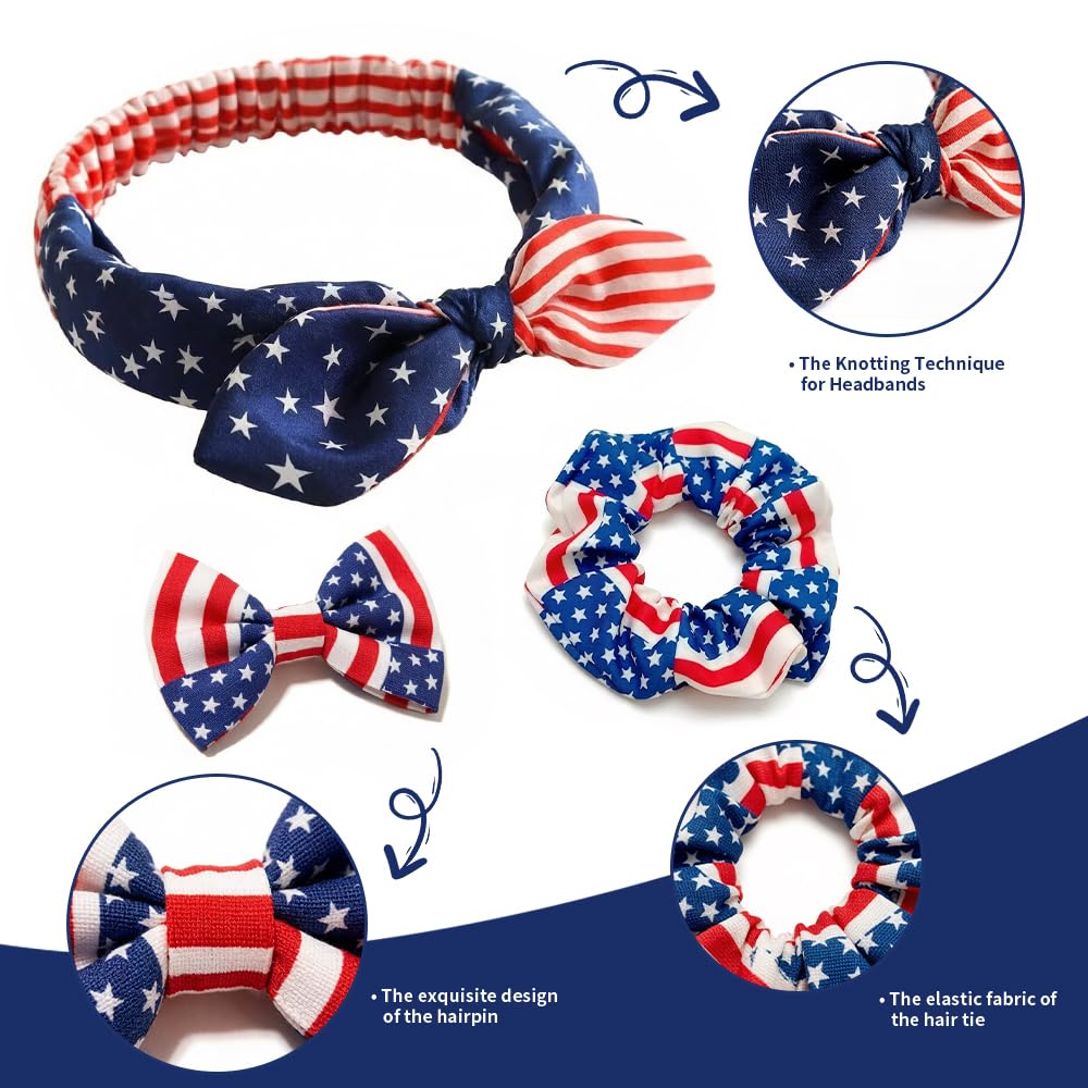 sanvvv American Flag Bandana, Hairpins, Hair Ties, 3-Piece Set Red White Blue Patriotic Bandana for Women 4th of July USA Decorations (Rabbit Ears), Blue,White,Red