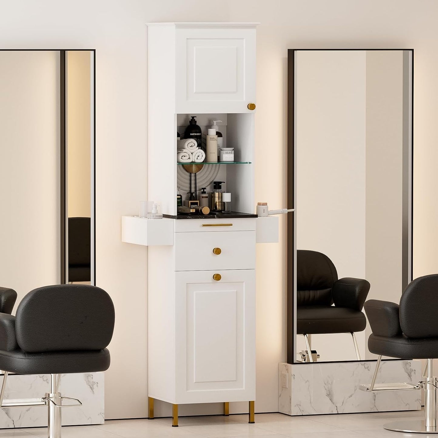 TTGIEET Salon Stations for Hair Stylist, Barber Station w/Glass Shelf & Golden Handles, Hair Salon Station Beauty Salon Spa Equipment w/6 Hair Dryer Holders, 2 Storage Cabinet & Drawers(White-New)