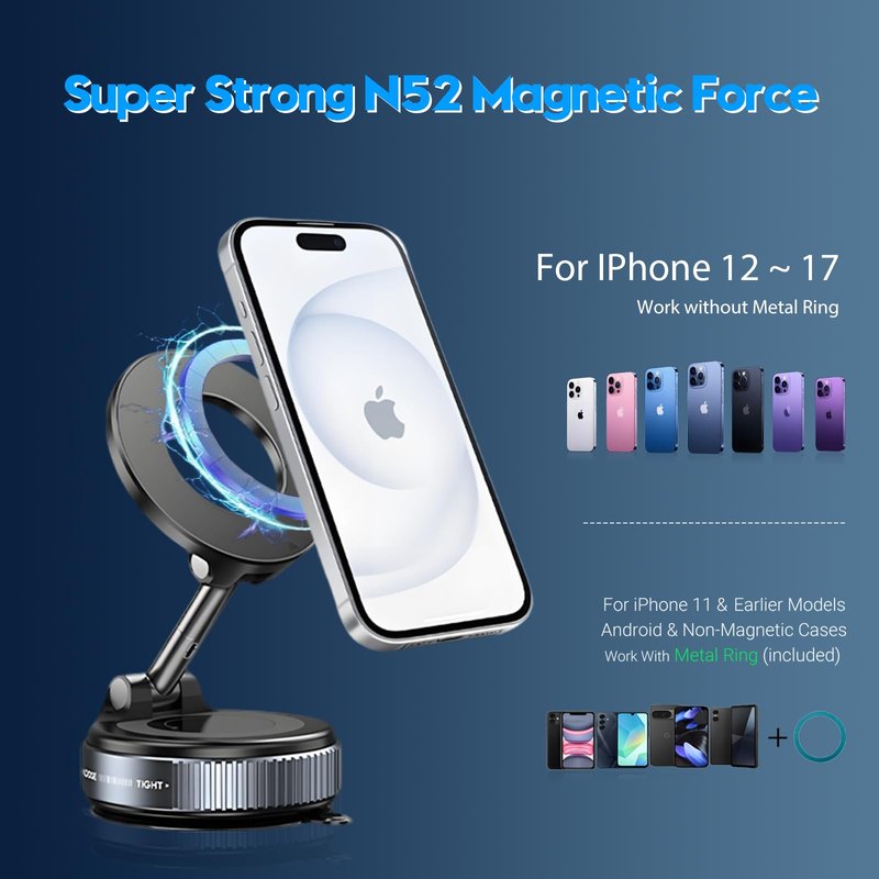 ELESULTRA Magnetic Phone Holder for Car - Suction Cup Phone Mount for Magsafe, Universal 360° Dashboard Phone Holder Vacuum Cell Phone Holders for Your Car/Gym/Mirror Car Mount for iPhone & Android