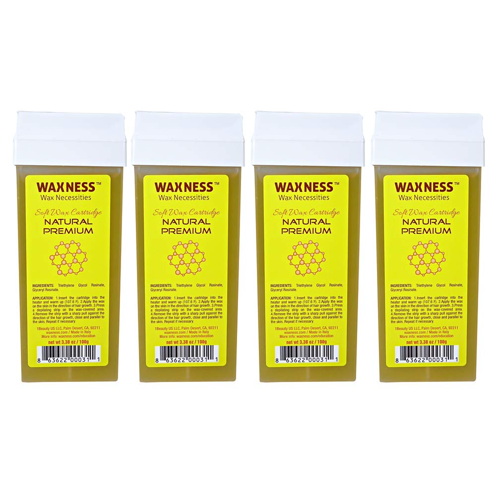 Waxness Soft Wax Cartridge Natural – Pack of 4 × 3.38 oz (96 g) – Professional Strip Wax Roll-On for Face & Body – Made in Italy
