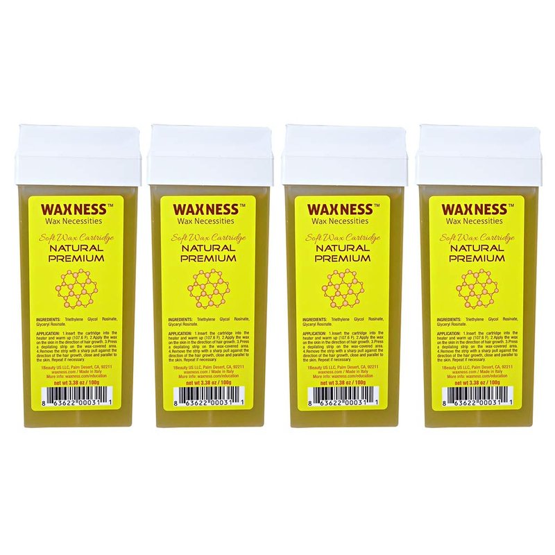 Waxness Soft Wax Cartridge Natural – Pack of 4 × 3.38 oz (96 g) – Professional Strip Wax Roll-On for Face & Body – Made in Italy