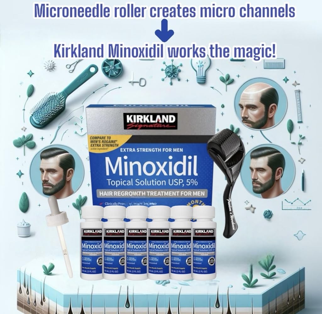(6 Pack) Kirkland Minoxidil for Men Hair Regrowth Treatment, Liquid Extra Strength 5% Topical Solution, 6 Months Supply - Dropper Applicator and Microneedle Roller Included - Minoxidil Kirkland