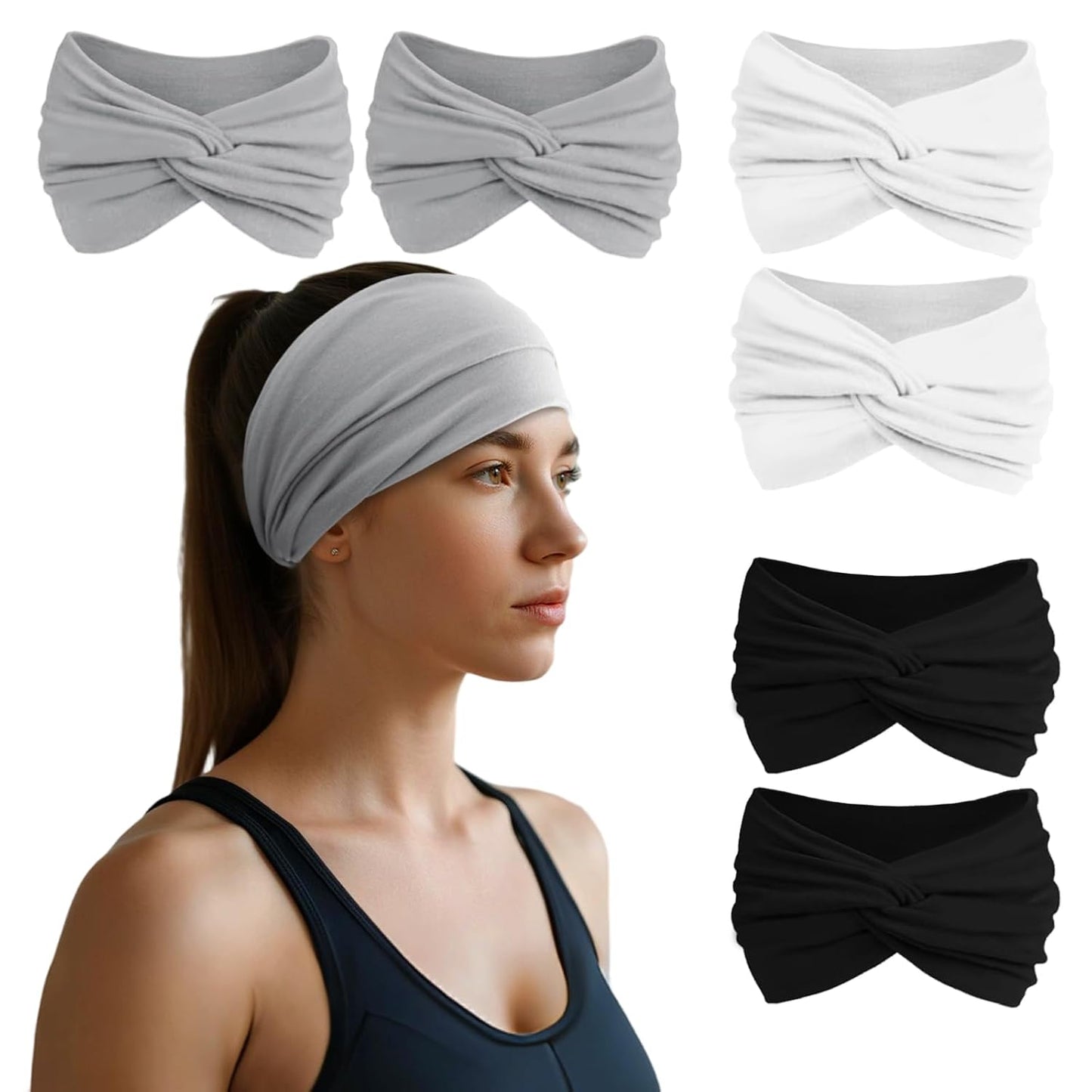 HSEM Wide Non-Slip Headbands for Women - Stretchy Cotton Hair Accessories | 6 Pcs for Gym & Workout
