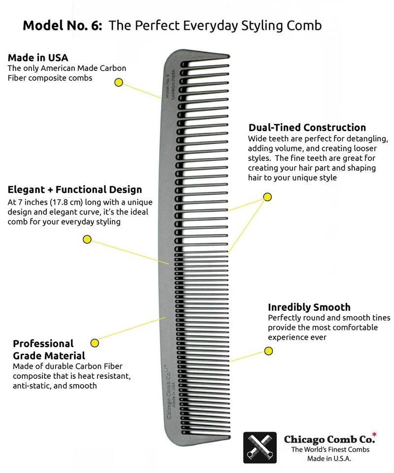 Chicago Comb Model 6 Carbon Fiber, 7 inches (17.8 cm) long, anti-static, graphite black, made in USA