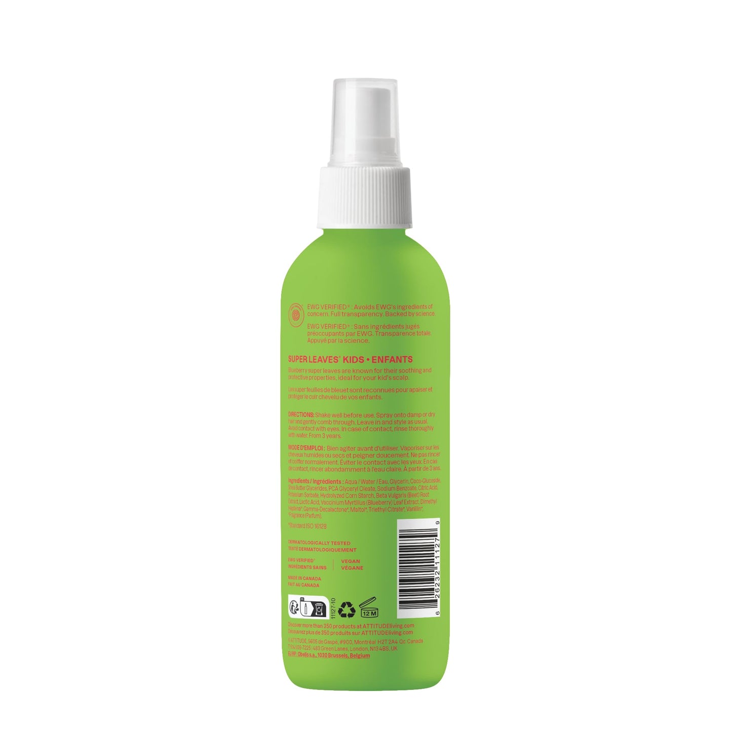 ATTITUDE Rinse-free Hair Detangler Spray for Kids, EWG Verified Leave In Product, Plant- and Mineral-Based Ingredients, Vegan, Watermelon & Coco, 8 Fl Oz
