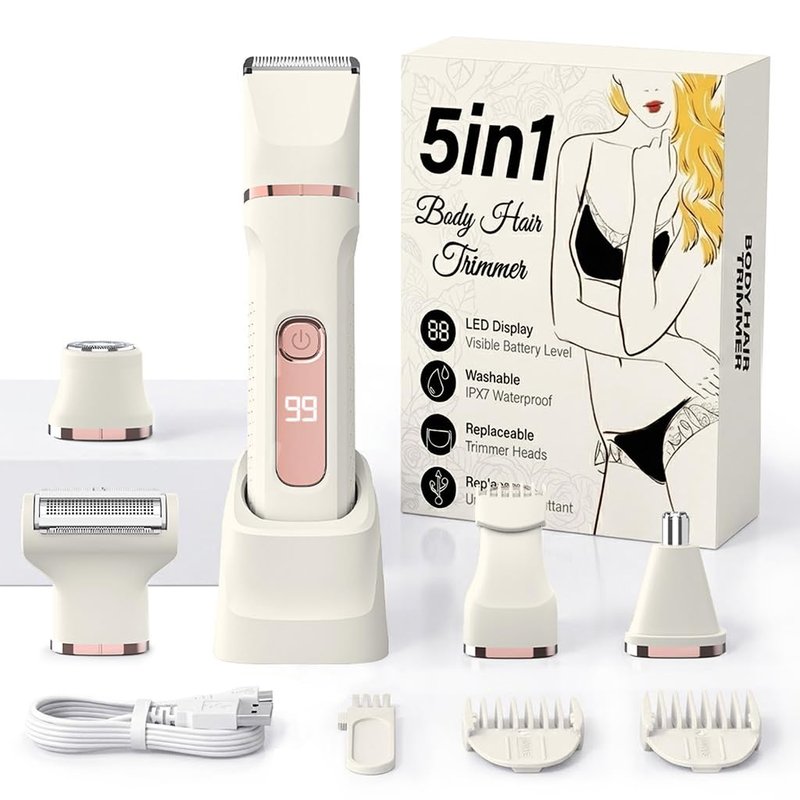 Bikini Trimmer for Women,Electric Shaver for Women, IPX7 Waterproof Razor Shaver,Women's Electric Razor,Intimate Shaver for Women,with 5 Blades,USB-C Rechargeable,Recharge Dock(Beige White)