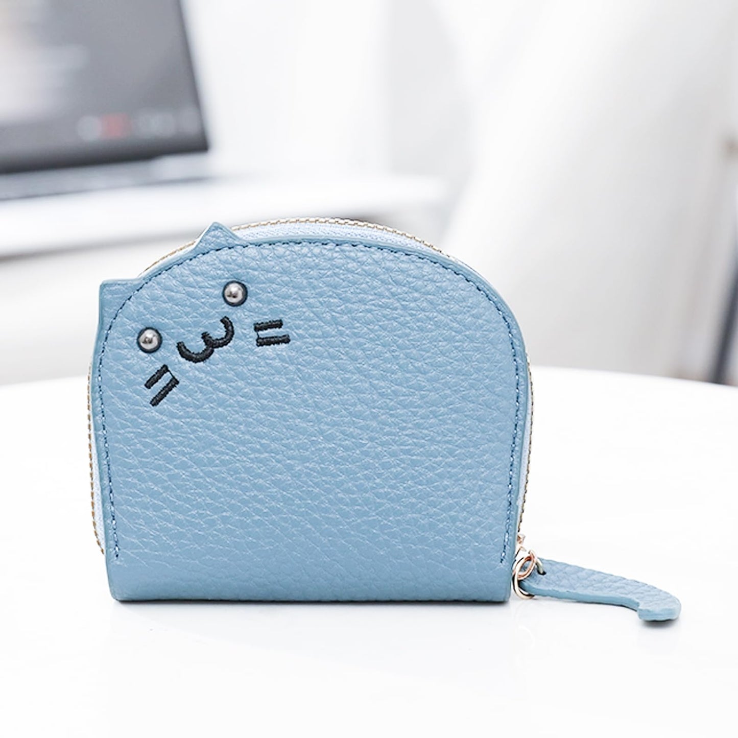 Elegant Cat-Themed Coin Purse for Women | Stylish Litchi Pattern with PU Card Holder | Perfect as a Cat Wallet or Change Purse Blue