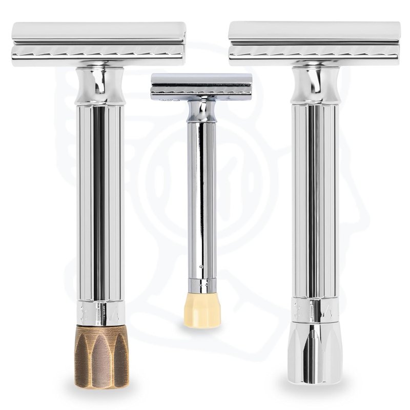 MERKUR Adjustable Safety Razor 500C - Antique, Shiny Chrome/Brass, Two-Piece Premium Razor with Straight Cut, Ideal for Wet Shaving, Die-Cast Zinc, Brass Handle, Made in Germany