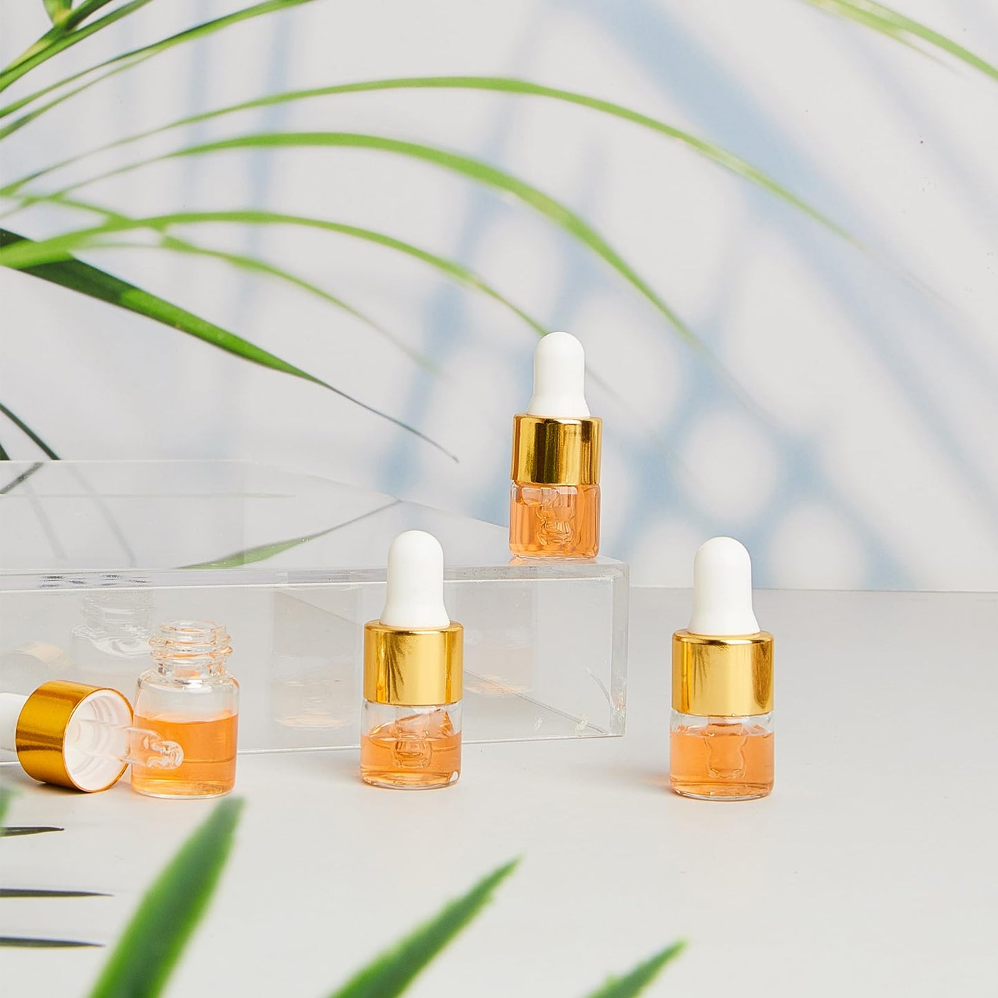 Didaey 12 Pcs 1/2/3/5/10/15 ml Mini Glass Oil Dropper Bottle Bulk, Clear Essential Small Empty Bottles Sample Containers Perfume Liquid Vials with Cap for Traveling (1 ml,Champagne Gold)