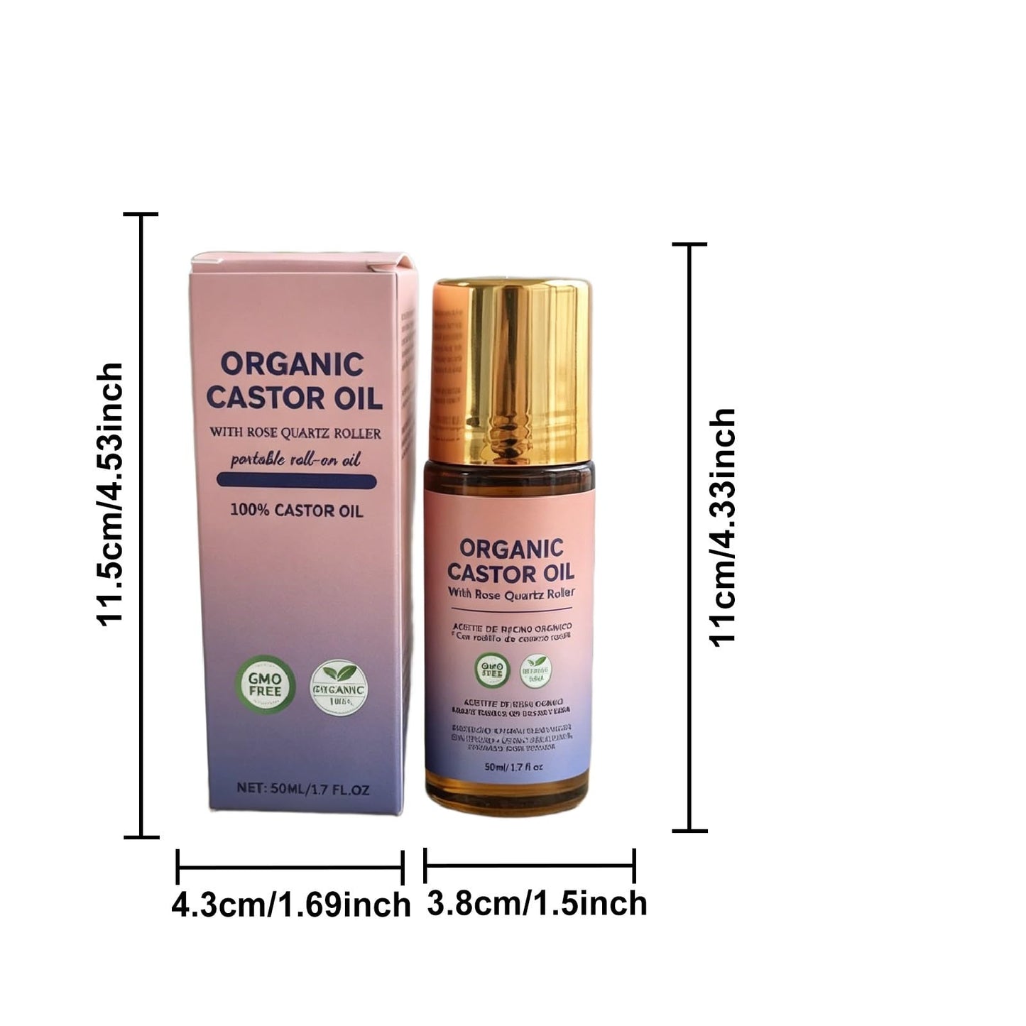 Veuvul Organic Castor Oil Rose Quartz Roller Ball,100% Pure Cold-Pressed Natural Formula for Skin & Hair Care, Hexane-Free.1.7oz (1Pcs)