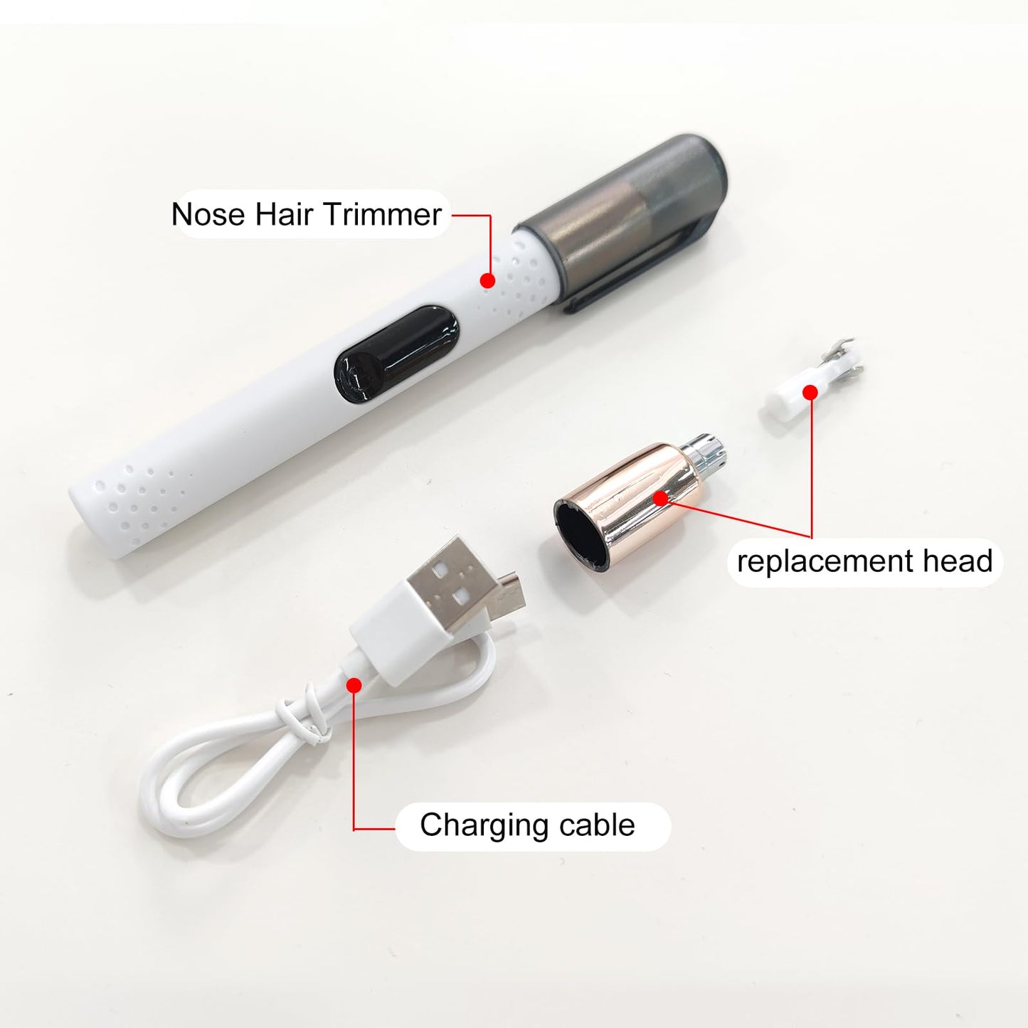 jaxiria Nose Hair Trimmer for Men/Women, Electric Facial Hair Removal Tool - Nose Clippers ABS Cover - Portble Rechargeable with Replacement Head (White)