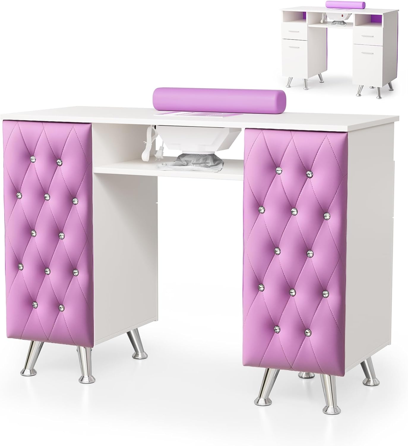 OmySalon Manicure Table - Nail Desk with Dust Collector & Storage | Acetone Resistant, White