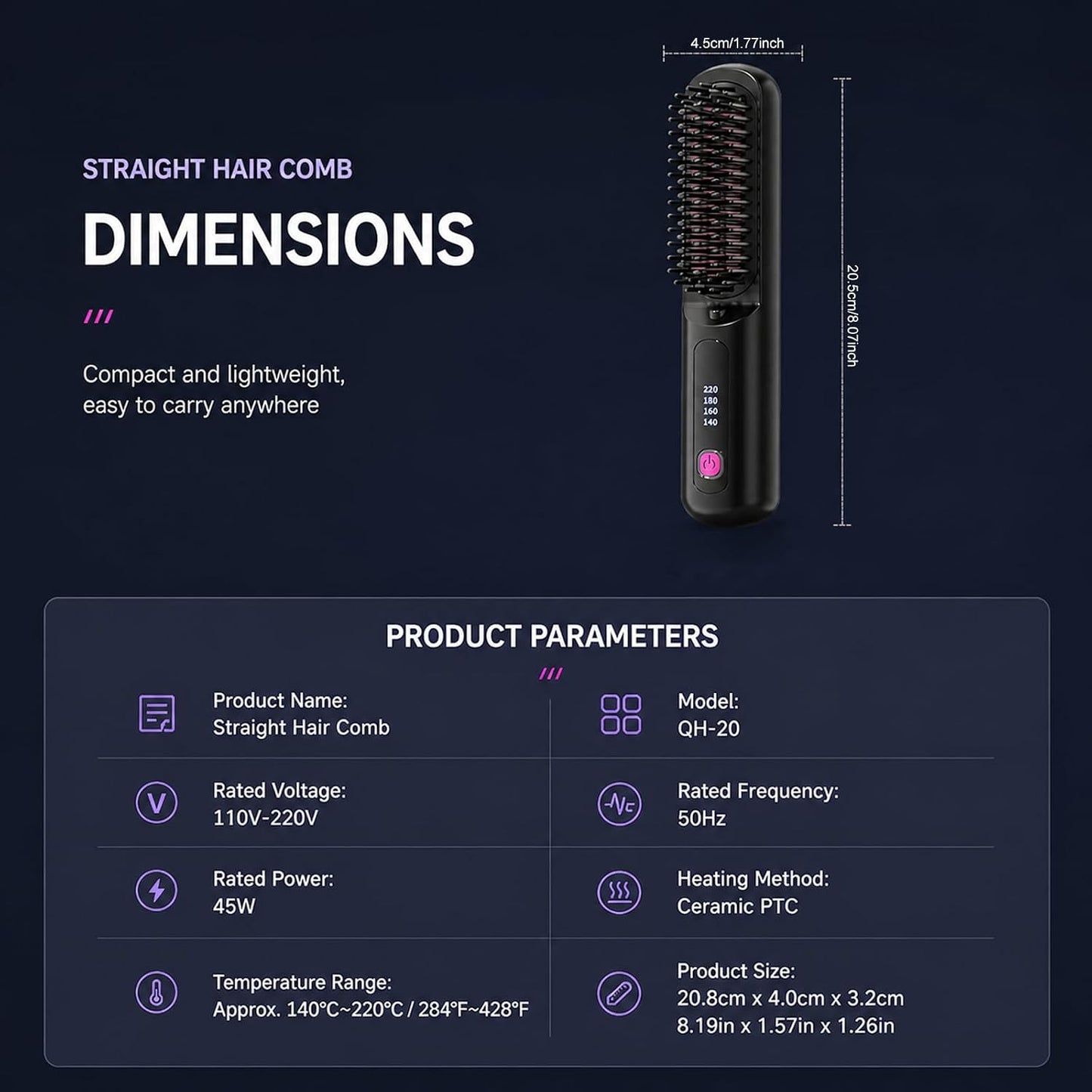 Cordless Hair Straightener Brush - 80 Million Anti-Frizz Ions, 4 Temp Settings | Portable Travel Styling Tool