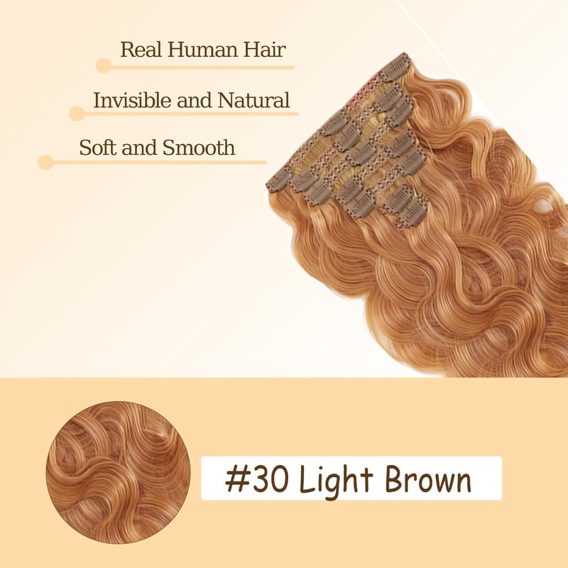 16 Inch Light Brown Clip in Hair Extensions Real Human Hair 120g/7Pcs,Full Shine Color #30 Remy Human Hair,#30 Brown Body Wave Clip ins Brazilian Virgin Human Hair Extensions