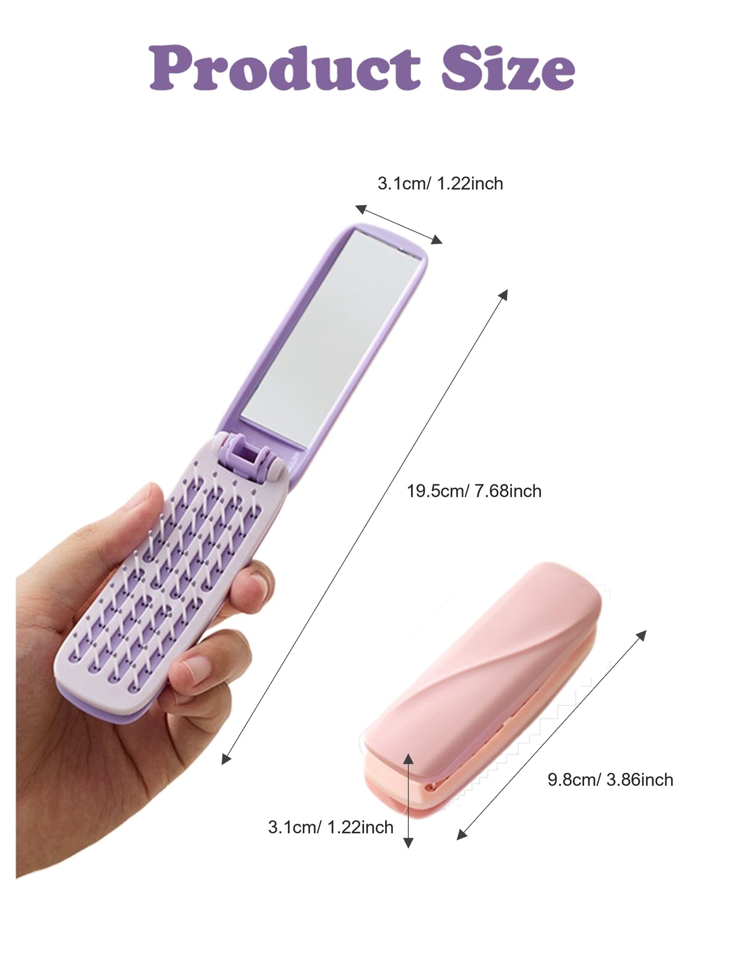 Folding Hair Brush with Mirror, Self Cleaning Hairbrush, Mini Compact Hair Brush for Purse, Small Pocket Travel Brush for Women and Girls