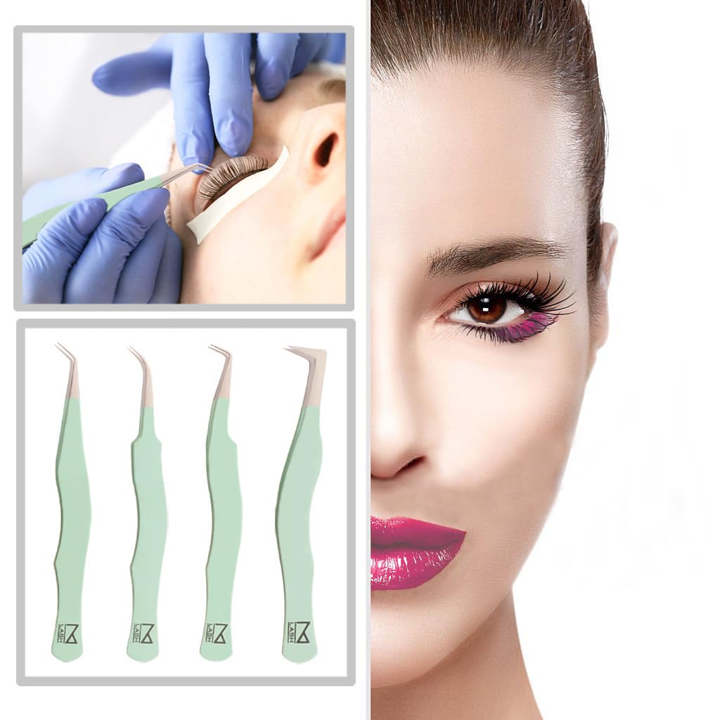 M LASH Tweezers for Eyelash Extensions (Set of 4) - Professional Lash Extension Tweezers - Fiber Tip, Japanese Steel, Diamond Grip Eyelash Extension Tweezer (WP-SET)