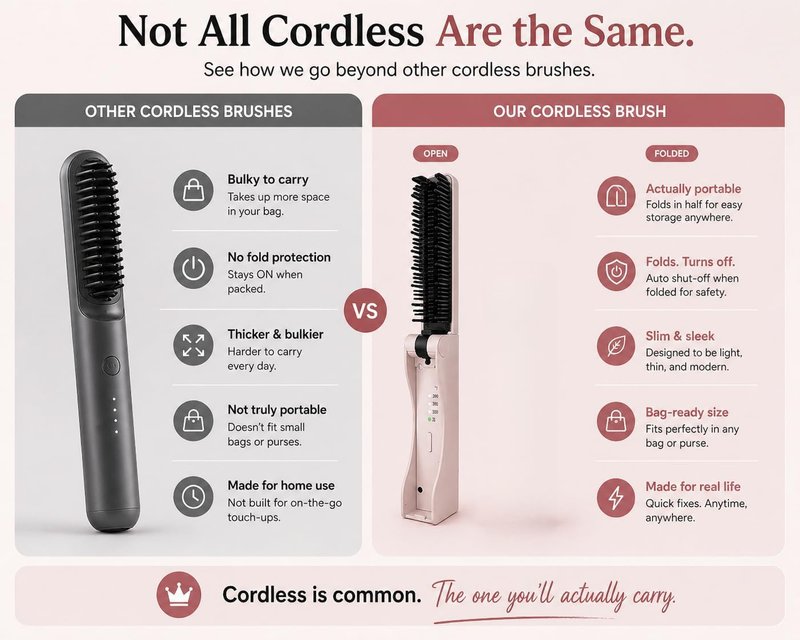 Cordless Hair Straightener Brush - Portable & Foldable Design | Ideal for Travel
