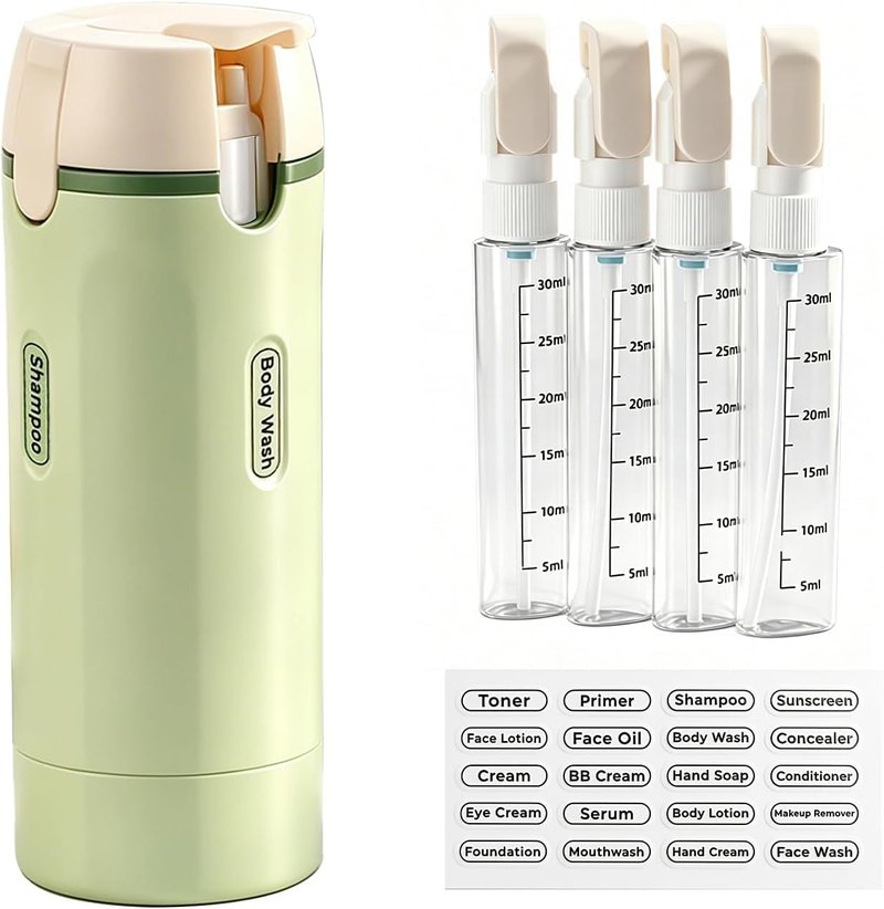Travel Dispenser Bottle Set - 4-in-1 Leakproof Rotatable Pump for Toiletries | TSA Approved, 4x30ml (Green)