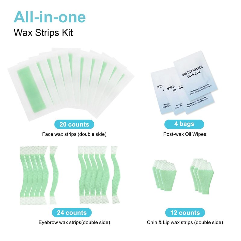 Waxfans 52PCS Wax Strips for Face, Eyebrow Wax Strips for Hair Removal, Waxing Kit for Women's Lip,Chin,Bikini,Underarms,Legs,Cejas | 56ct Face Wax Strips with 4 Post-wax Oil Wipes (Blue)