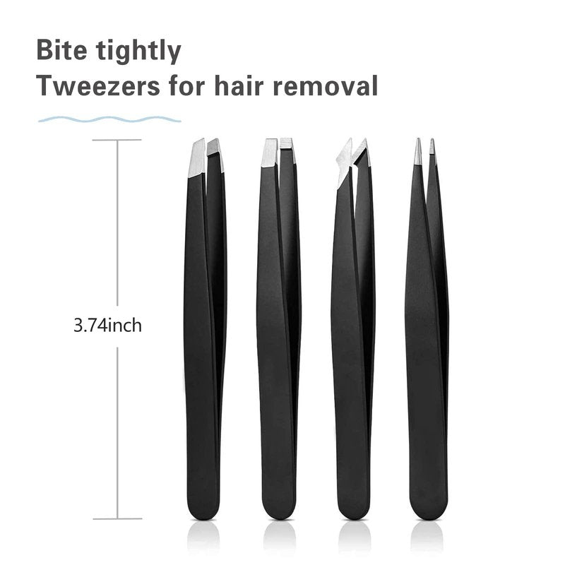 Derlaier Tweezers Set Professional High Precision Stainless Steel Eyebrow Remover Ingrown Hair & Splinter Removal Kit Facial Hair Grooming Tools for Men Women Black 4 Pcs
