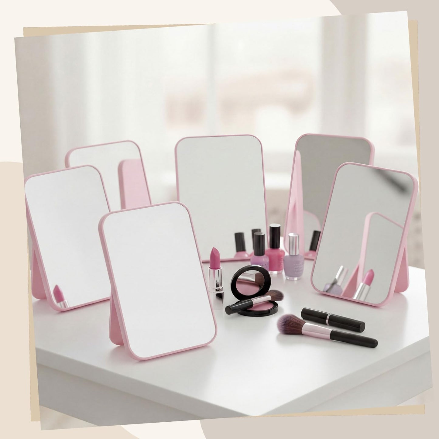 Cinnvoice 12 Pack Desktop Makeup Mirror Bulk 90° Adjustable Portable 8" Vanity Table Mirror with Stand, Folding Travel for Makeup Party Spa Party, Women, Cosmetics Personal Beauty (Pink)