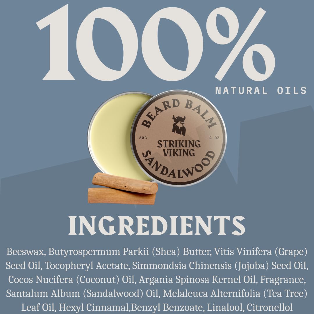 Striking Viking Natural Beard Balm for Men - 2 Oz, Sandalwood - Hydrating Beard Conditioner with Argan & Jojoba Oil - Softening Facial Hair Infusion with Shea Butter