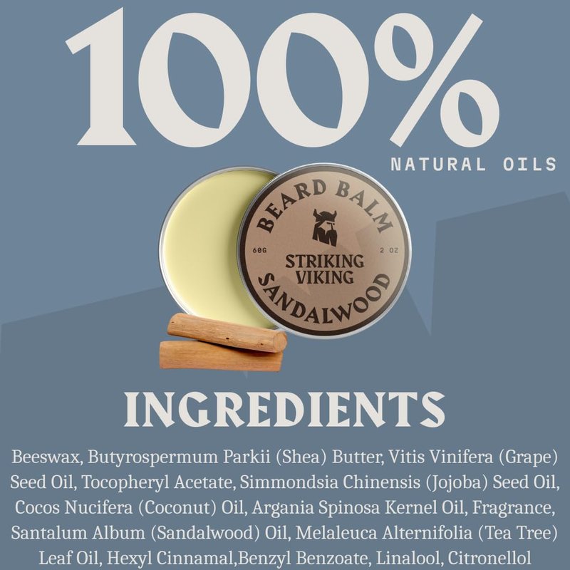 Striking Viking Natural Beard Balm for Men - 2 Oz, Sandalwood - Hydrating Beard Conditioner with Argan & Jojoba Oil - Softening Facial Hair Infusion with Shea Butter