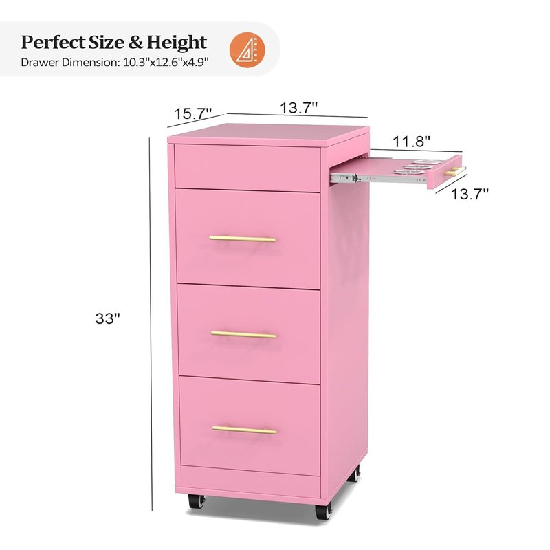 Salon Trolley Cart - 3-Drawer Rolling Hair Styling Station with Wheels | Mobile Beauty Trolley in Pink