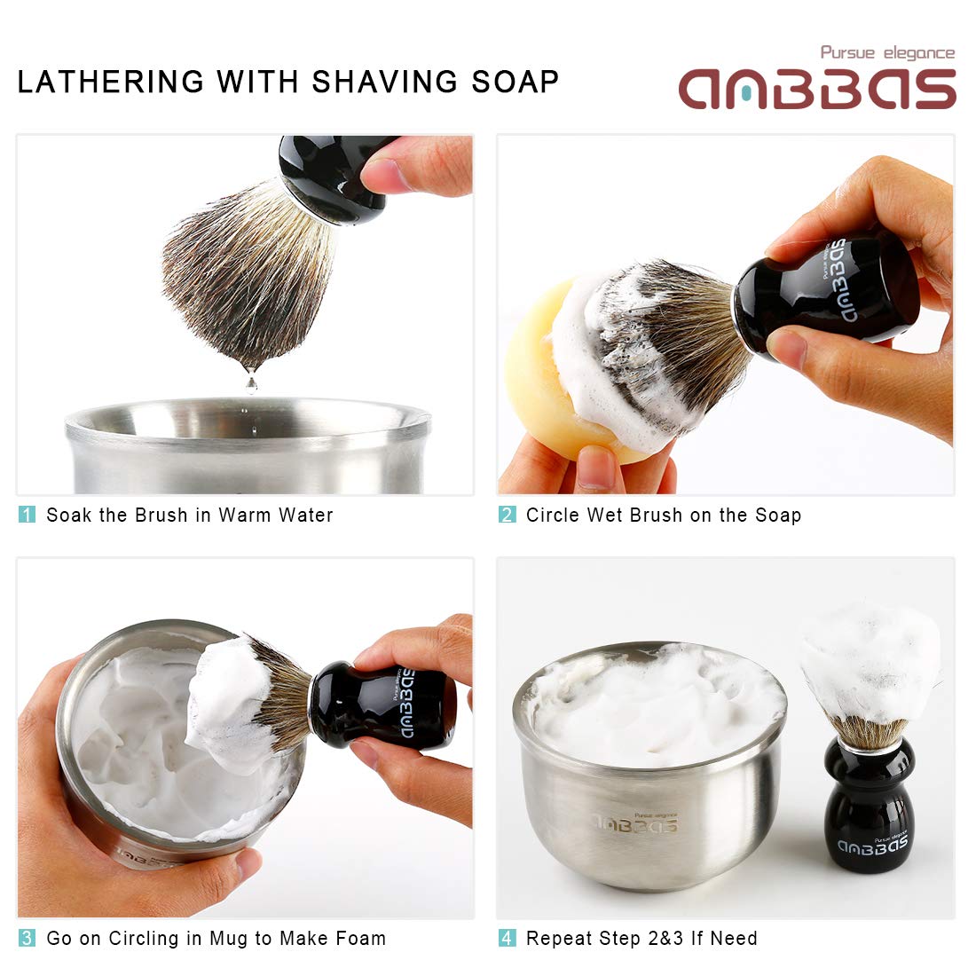 Anbbas Badger Hair Shaving Brush,Stainless Steel Stand Holer for Razor and Brush, Shaving Soap and Bowl,4in1 Kit for Men Wet Shave
