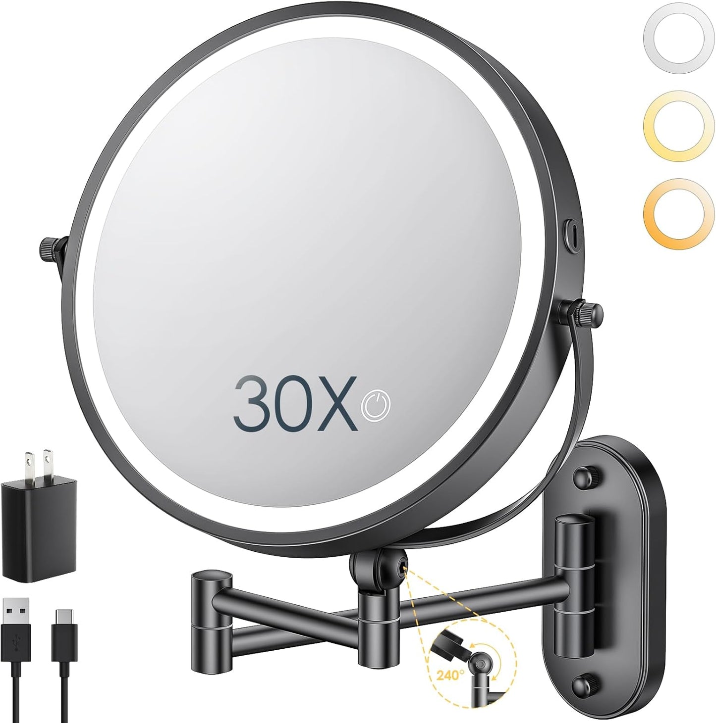 ZLOKLA 9" Wall Mounted Lighted Makeup Mirror - 1X/30X Magnification, Touch Dimmable, 360° Rotation, Rechargeable