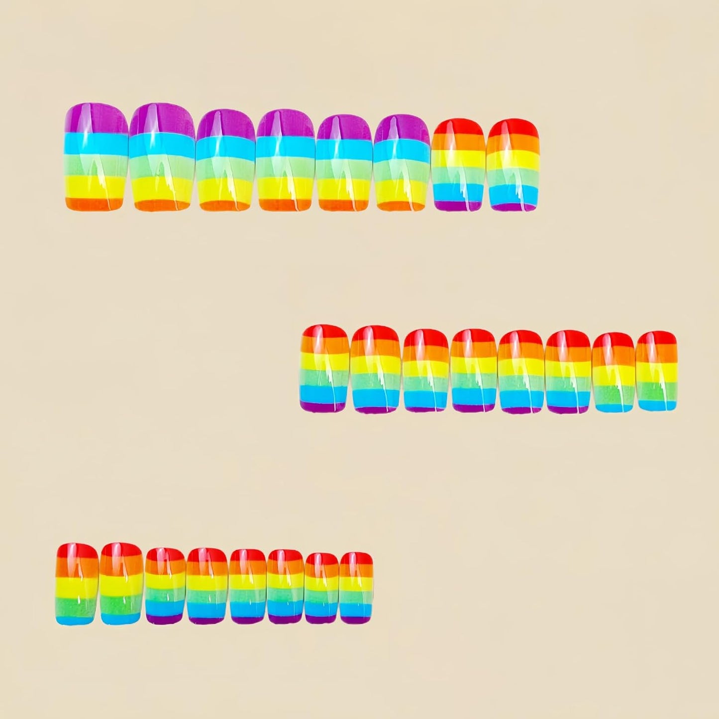 Rainbow Press On Nails - Medium Square Colorful Stripes Design | Glossy Acrylic Full Cover 24 Pcs for Women