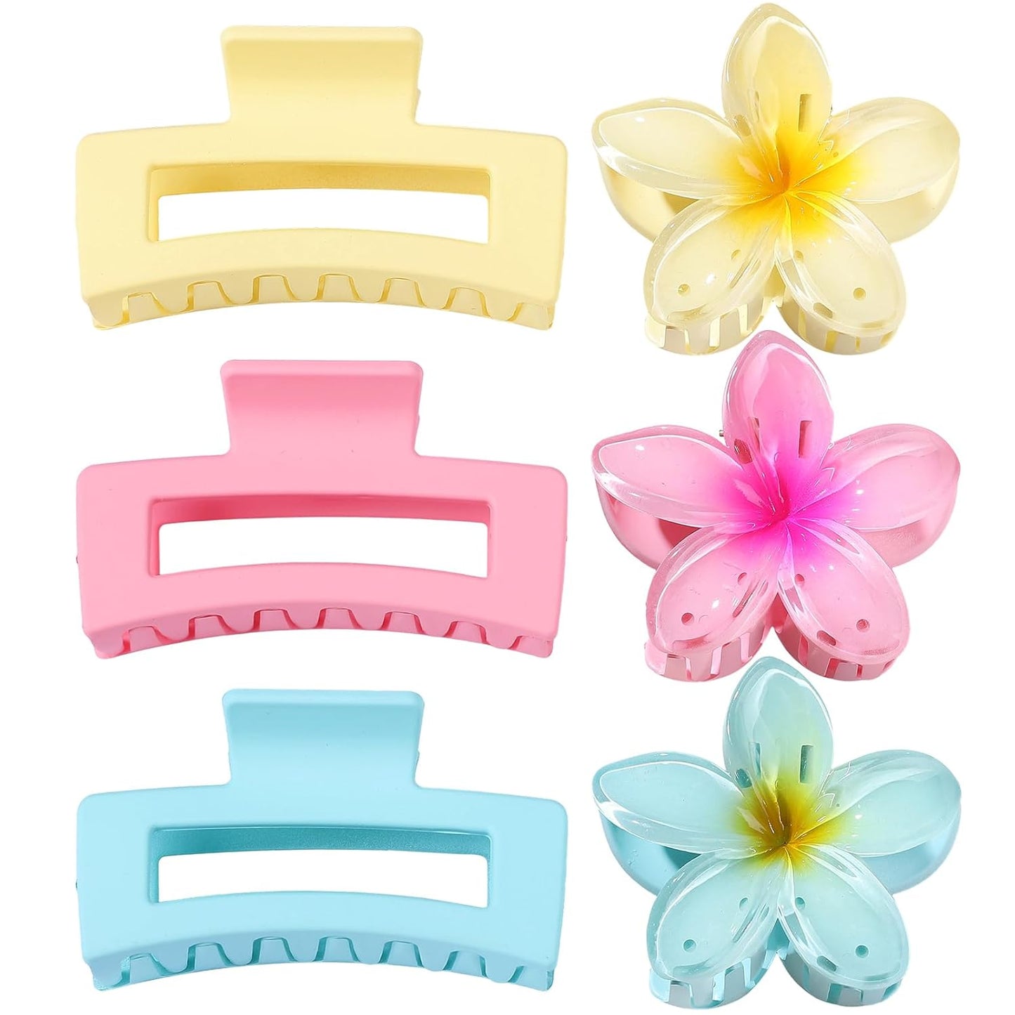 Flower Hair Clips - Square Claw Clips for Thick or Thin Hair | 6 PCS Hawaiian Hibiscus & Plumeria Styles (Pink)