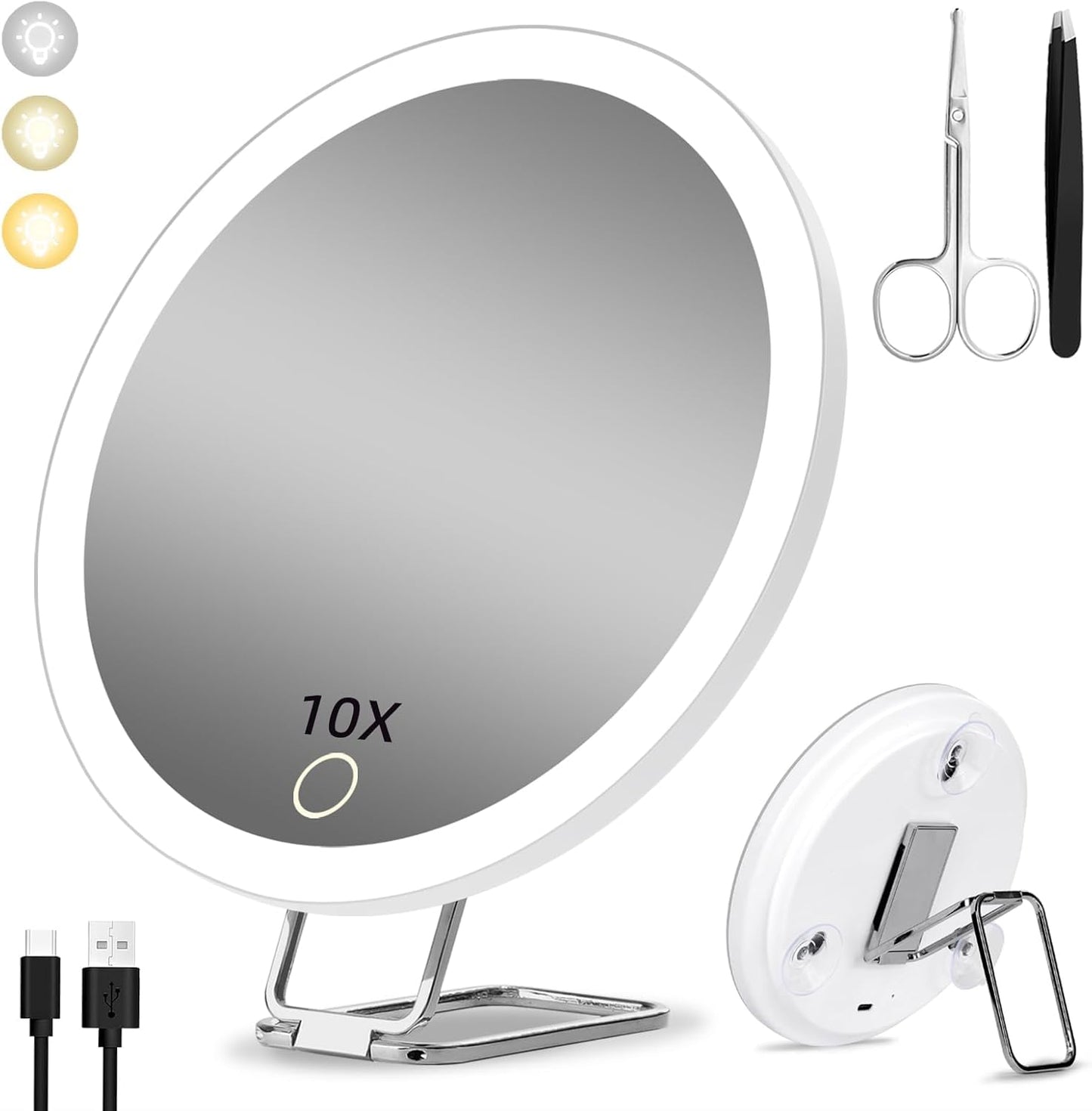 30x Magnifying Mirror With Light - Large 6" Rechargeable Makeup Mirror | Dimmable 3 Color Modes, Suction Cups & Stand