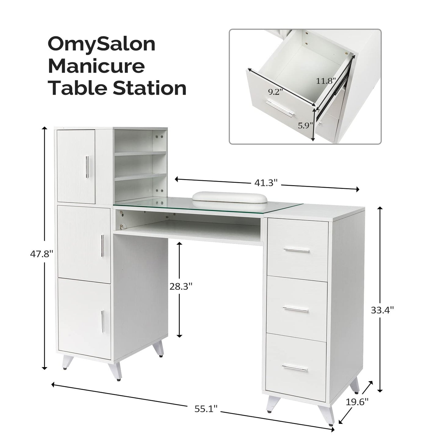 OmySalon Manicure Table Nail Desk for Nail Tech w/Glass Top & Wrist Rest, Beauty Salon Nail Supplies Decor Workstation Acetone Resistant w/3 Side Cabinet+3 Drawers+3 Layers Open Cabinet+1 Open Drawer