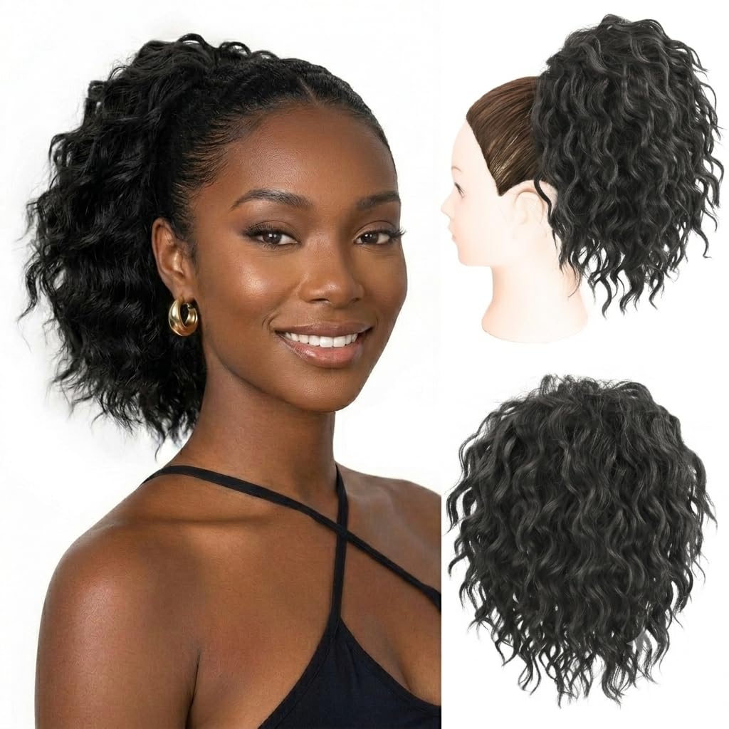 Yaki Wavy Curly Ponytail Extension - 8 Inch Drawstring Hairpiece | Soft Synthetic Hair for Natural Everyday Style (T1B-27)